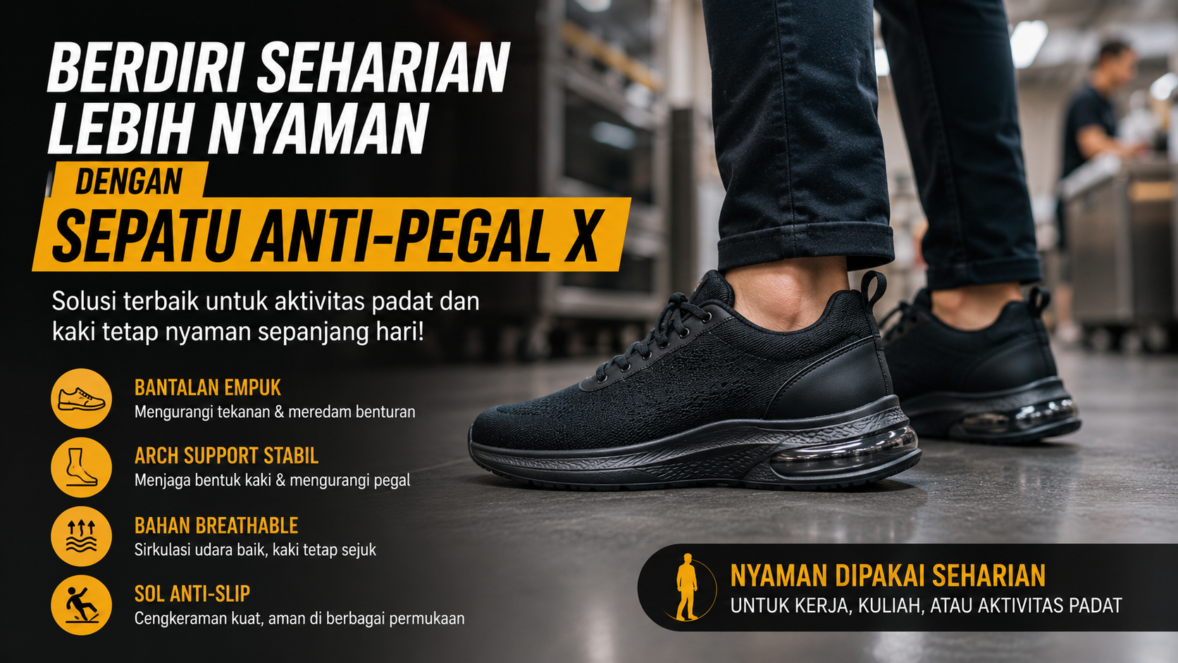 Sepatu anti pegal untuk berdiri seharian lebih nyaman dan ergonomis