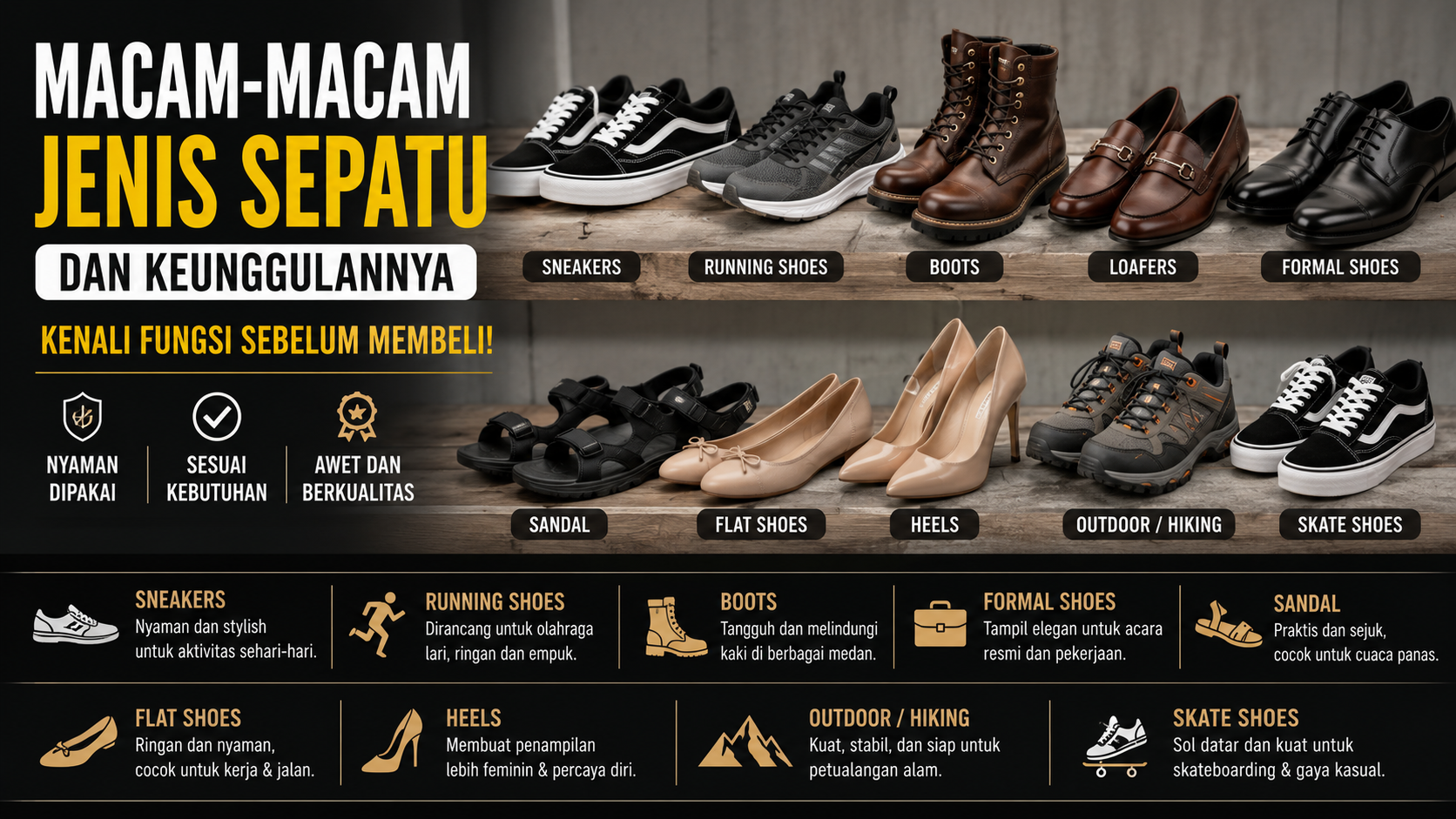 Macam macam jenis sepatu lengkap dengan fungsi dan keunggulannya