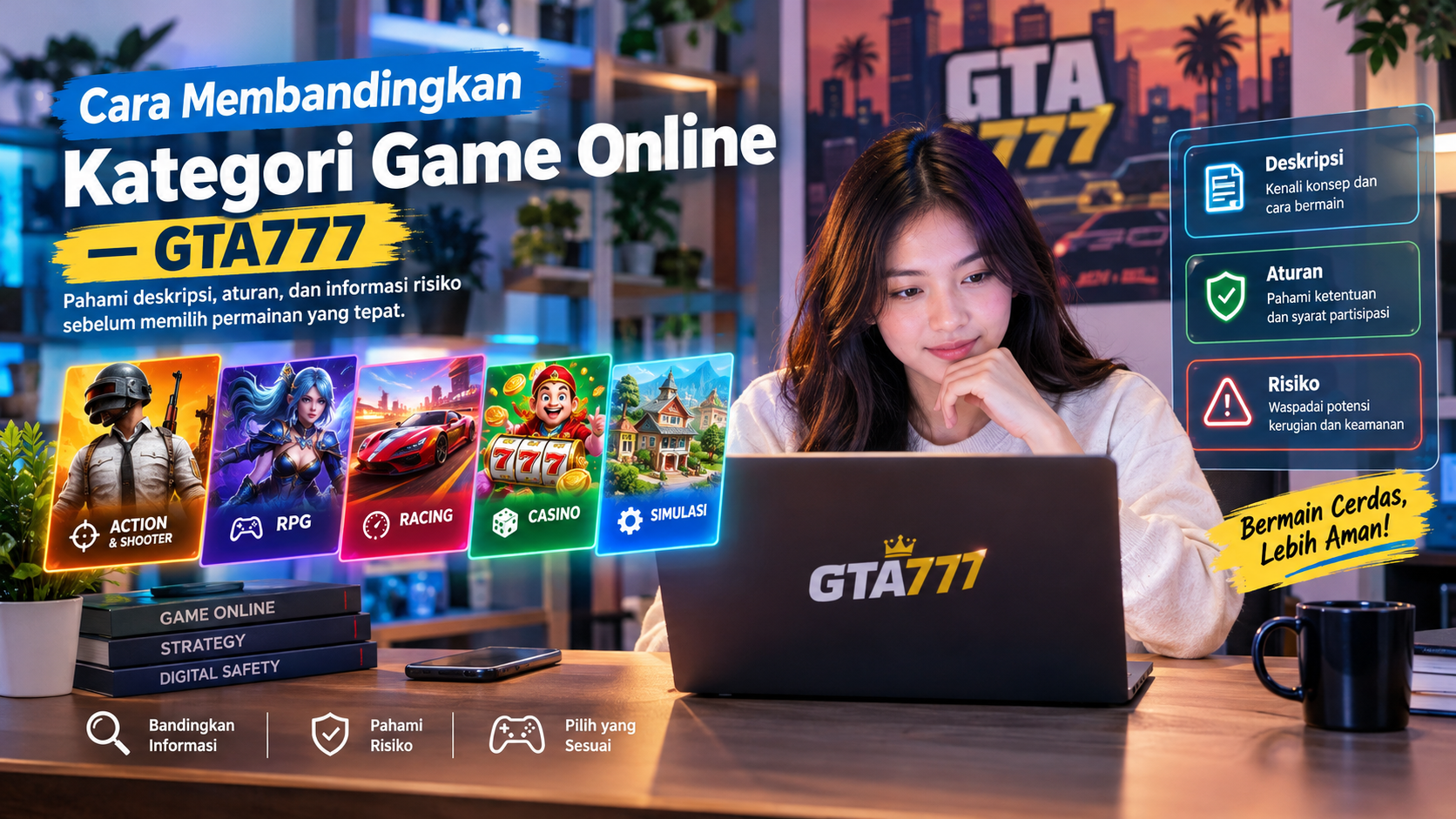 Ilustrasi perbandingan kategori game online, aturan permainan, dan informasi risiko GTA777.