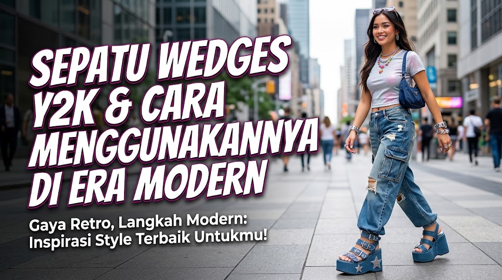 Sepatu wedges Y2K bergaya retro yang dipadukan dengan outfit modern.